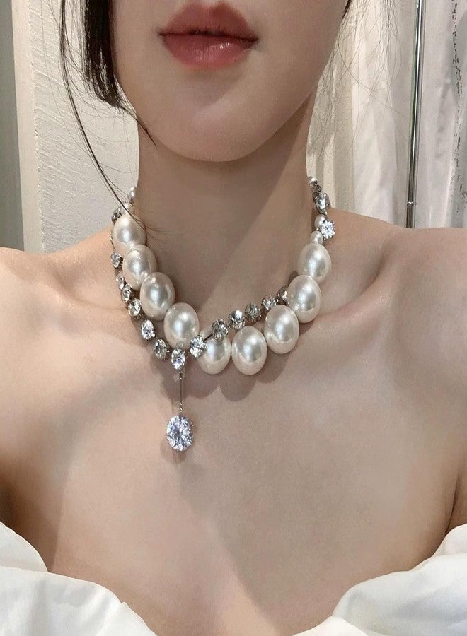 eartif Chunky Pearl Choker Necklace for Women Big Pearl Necklaces Exaggerated Large Pearl Necklaces Layered rhinestone pendant choker Statement Necklace Wedding Jewelry Gifts (Silver) - Image 4